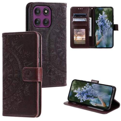 Funda de cuero con relieve de flor tótem y cordón para Motorola Edge 60 Pro (marrón)