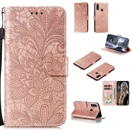 Para Huawei Honor Y8s Lace Flower Funda de cuero con tapa horizontal con soporte y ranuras para tarjetas, billetera y marco de fotos (oro rosa)