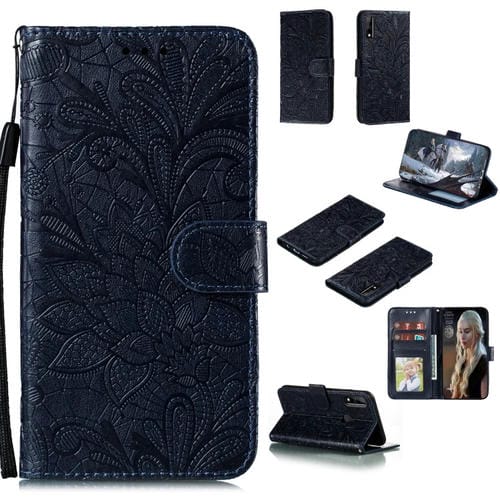 Para Huawei Honor Y8s Lace Flower Funda de cuero con tapa horizontal con soporte y ranuras para tarjetas y billetera y marco de fotos (azul oscuro)