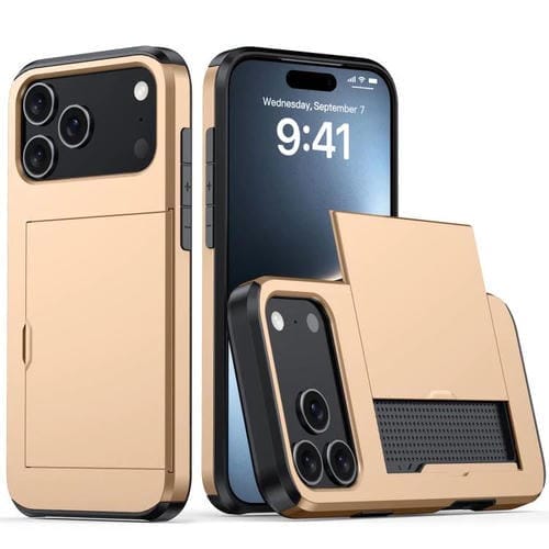 Funda protectora a prueba de golpes para iPhone 17 Pro con ranura para tarjetas (dorada)