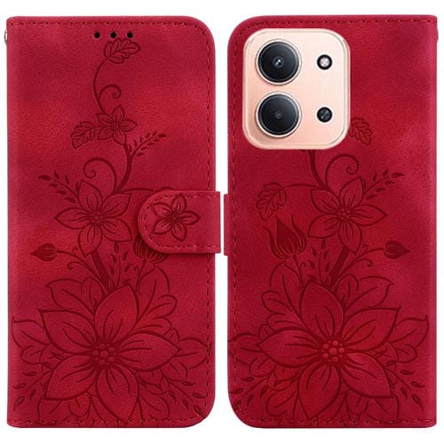 Funda de piel con relieve de lirio para Redmi 15C 4G (173,1 mm) / Redmi 15C 5G (173,1 mm) (roja)