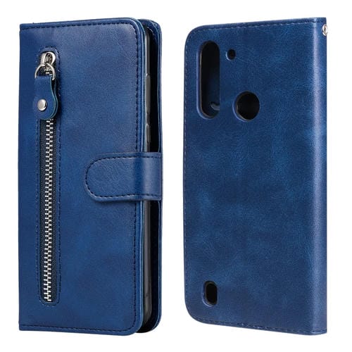 Para Motorola Moto G8 Power Lite Fashion Becerro Textura Cremallera Funda de cuero con tapa horizontal con soporte y ranuras para tarjetas y función de billetera (Azul)