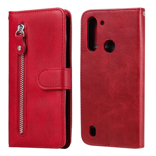 Para Motorola Moto G8 Power Lite Fashion Calf Texture Zipper Funda de cuero con tapa horizontal con soporte, ranuras para tarjetas y función de billetera (rojo)