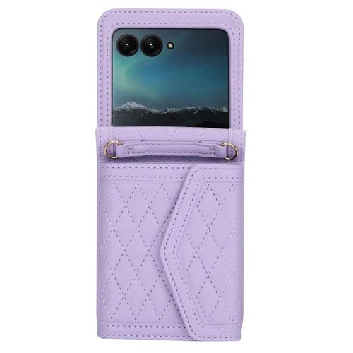 Funda para Motorola Razr 50 Ultra con textura rómbica y cordón largo y corto (morado)