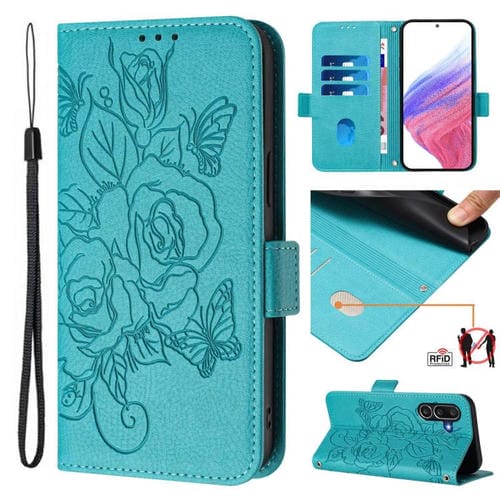 Funda de cuero antirrobo RFID con relieve rosa para Samsung Galaxy M56 5G (azul claro)