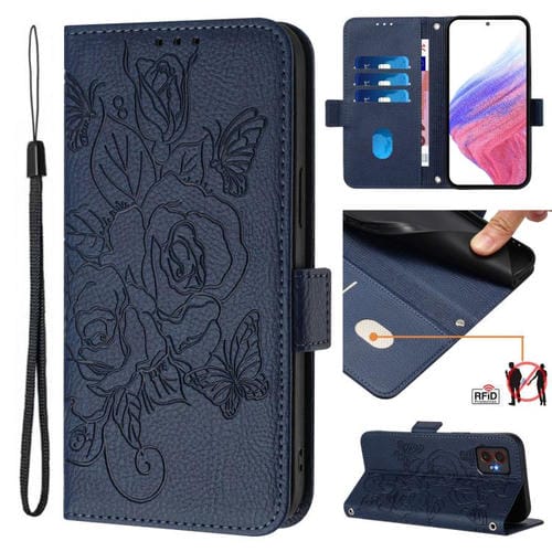 Funda de cuero antirrobo RFID con relieve rosa para Samsung Galaxy XCover7 Pro (azul oscuro)