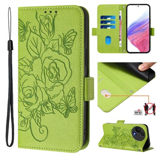 Funda de cuero antirrobo RFID con relieve rosa para TCL 605/60 SE (verde)