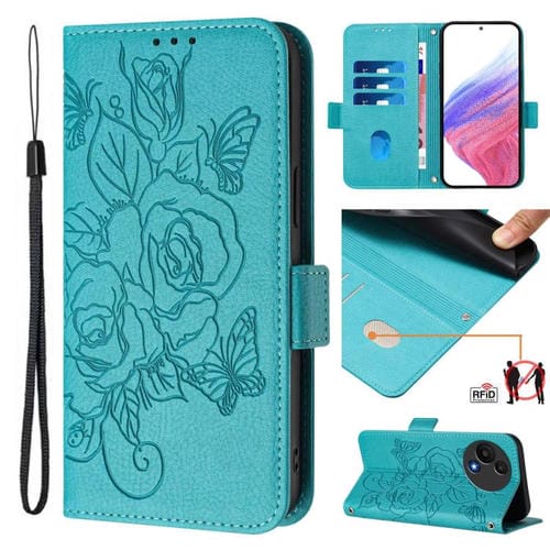 Funda de cuero antirrobo RFID con relieve rosa para TCL 605/60 SE (azul claro)