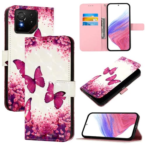 Funda de Cuero con Tapa Horizontal y Pintura 3D para Asus Rog Phone 9/9 Pro (Mariposa Rosa)