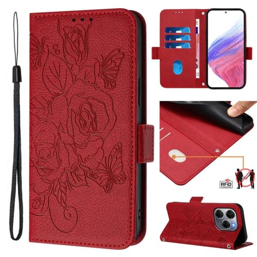 Funda de Cuero Antirrobo RFID con Relieve para Tecno Spark 20 Pro 5G (Rojo)