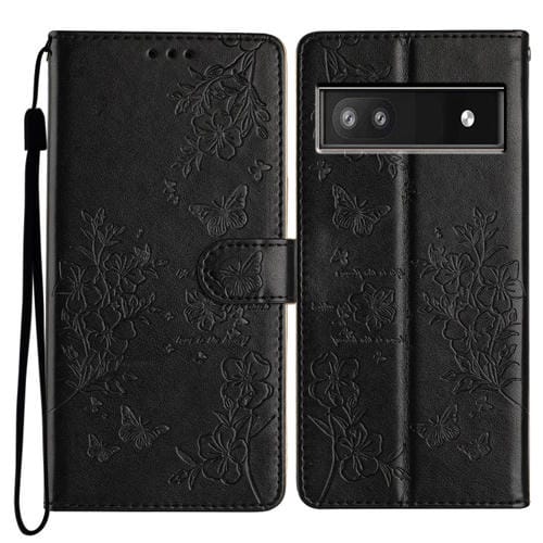Funda de Cuero para Google Pixel 9A con Diseño de Mariposas y Flores (Negra)