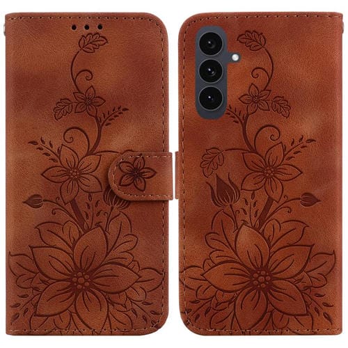 Funda de piel con relieve de lirio para Samsung Galaxy S25 FE 5G (marrón)