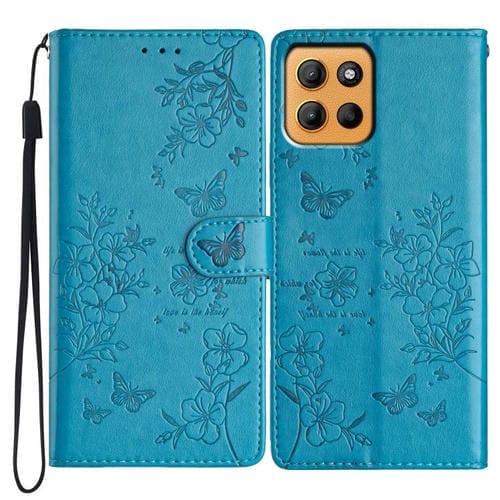 Funda de Cuero para Motorola Moto G15 con Diseño de Mariposas y Flores (Azul)