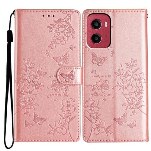 Funda de Cuero Motorola Moto G05 con Diseño de Mariposas y Flores (Oro Rosa)