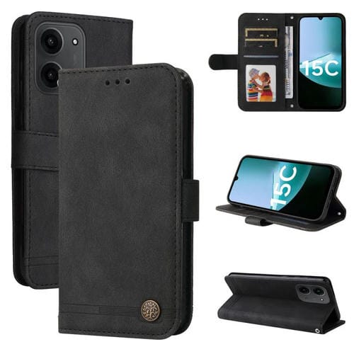 Funda de cuero con botones metálicos y diseño de árbol de la vida para Redmi 15C 4G (173,1 mm) / Redmi 15C 5G (173,1 mm) (Negro)