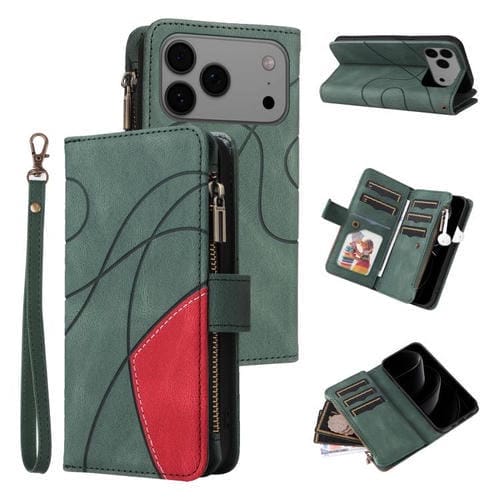 Funda de cuero con cremallera para iPhone 17 Pro Max, bicolor, con 9 ranuras para tarjetas (verde)