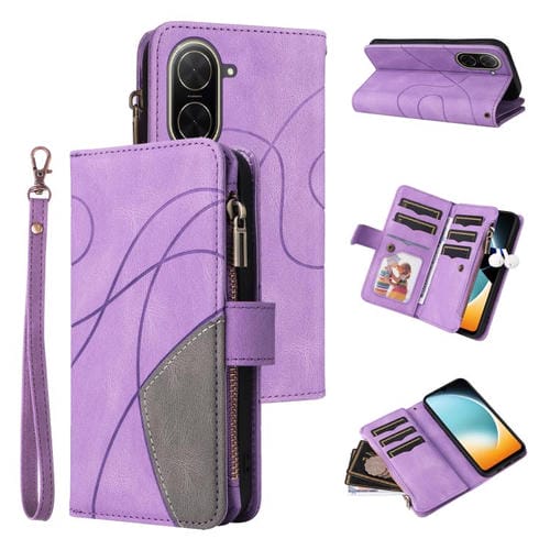Funda de cuero con cremallera para Redmi A5 4G (171,7 mm) / Poco C71, bicolor, con 9 ranuras para tarjetas (morado)