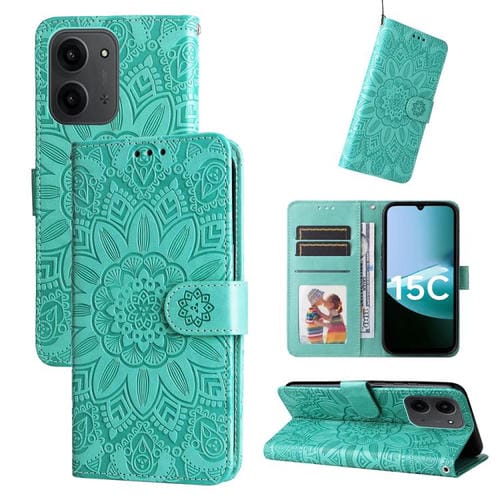 Funda de piel con estampado de girasoles en relieve para Redmi 15C 4G (173,1 mm) / Redmi 15C 5G (173,1 mm) (verde)