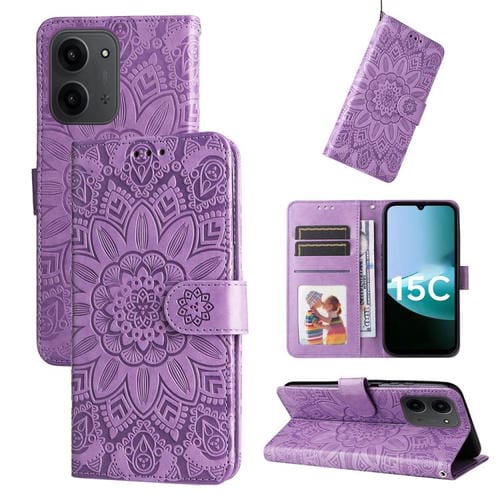 Funda de piel con estampado de girasoles para Redmi 15C 4G (171,5 mm) y Xiaomi Poco C85 4G (morado)