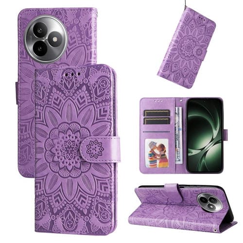 Funda de piel con estampado de girasoles en relieve para Redmi K80 Ultra (morado)