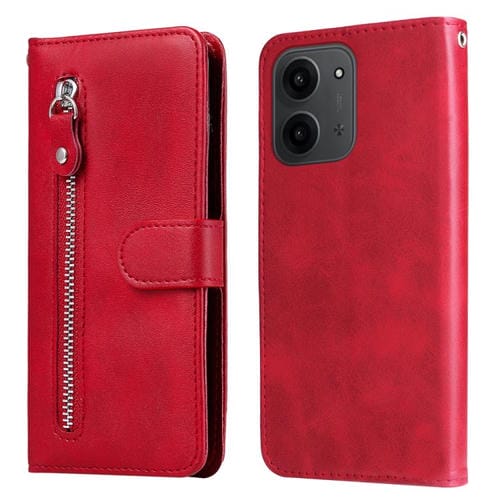 Funda de piel con cremallera y textura de becerro para Redmi 15C 4G (173,1 mm) / Redmi 15C 5G (173,1 mm) (Rojo)