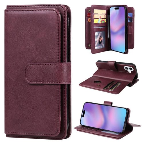 Funda de cuero multifunción tipo billetera para iPhone 17 con 10 ranuras para tarjetas (clarete)