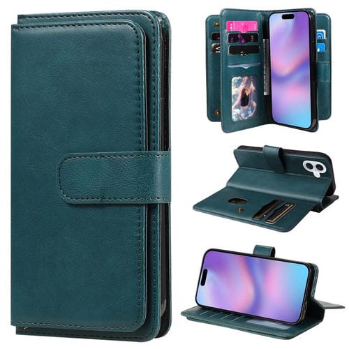 Funda de cuero multifunción tipo billetera para iPhone 17 con 10 ranuras para tarjetas (verde oscuro)