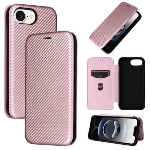 Funda de Cuero con Tapa y Textura de Fibra de Carbono para iPhone 16E (Rosa)