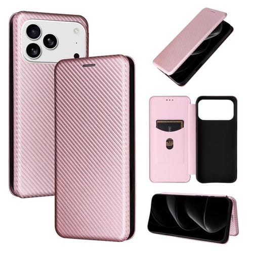 Funda de cuero con textura de fibra de carbono para iPhone 17 Pro (rosa)