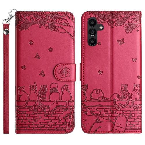 Funda de piel con estampado de gato y cordón para Samsung Galaxy S25 FE 5G (roja)