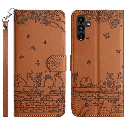 Funda de piel con estampado de gato y cordón para Samsung Galaxy S25 FE 5G (marrón)