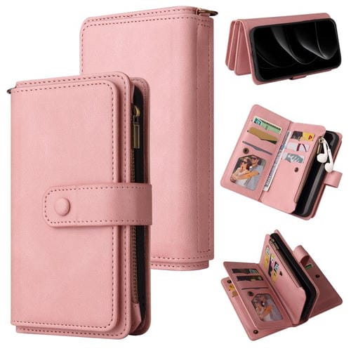 Funda de cuero con cremallera y ranuras para tarjetas para iPhone 17 Pro Max (rosa)