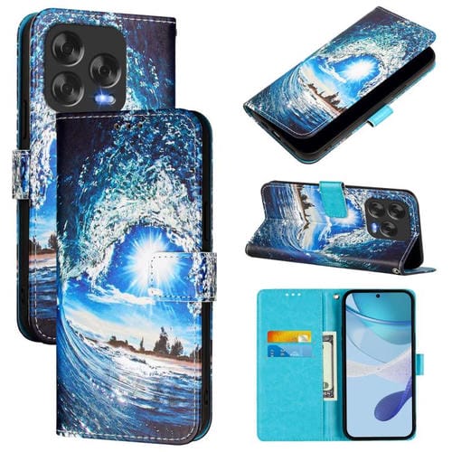 Funda de Cuero para ZTE Blade V70 con Diseño de Dibujo Ondas y Sol