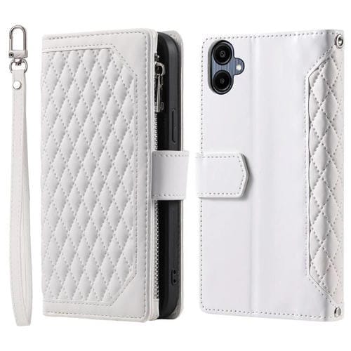 Funda de cuero con cremallera y cordón para Samsung Galaxy A07 4G (textura de cuadrícula, blanco)