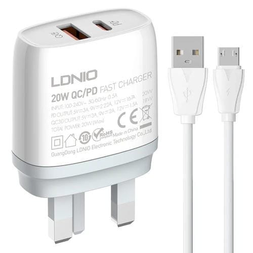 Cargador Rápido Ldnio Q229 Usb + Tipo C Qc3.0/Pd20W con Cable Usb a Micro Usb 1 m (Blanco) Enchufe Británico