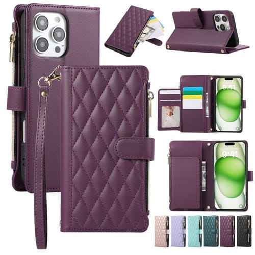 Funda Tipo Billetera Cuero Rombal para iPhone 16 Pro Max (Morado Oscuro)