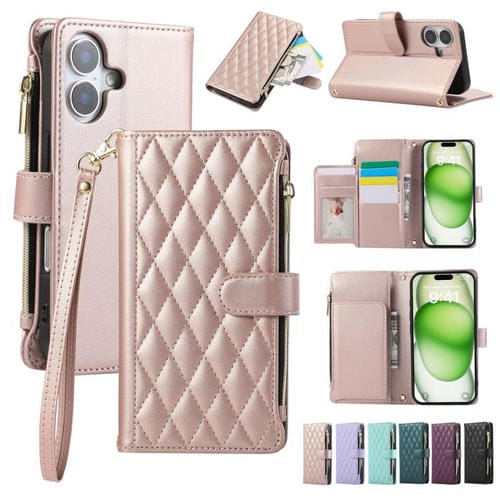Funda Tipo Billetera Cuero con Cremallera y Diseño Rombal para iPhone 16 Plus (Oro Rosa)