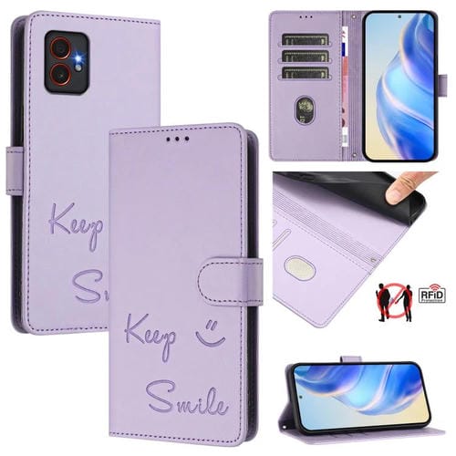 Funda de cuero RFID con relieve sonriente para Samsung Galaxy XCover7 Pro (morado claro)
