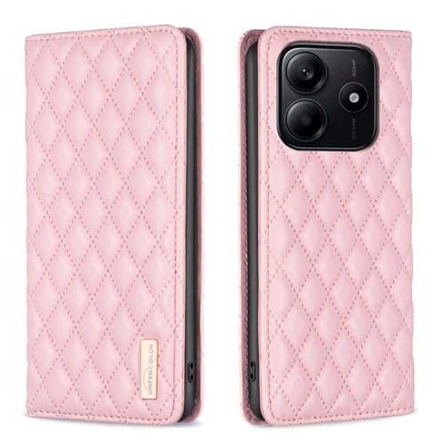Funda de Cuero Magnética con Tapa Tipo Cartera para Redmi Note 14 4G con Diseño de Entramado de Diamantes (Rosa)