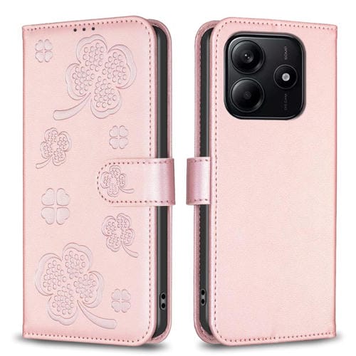 Funda de Cuero con Relieve de Cuatro Hojas para Redmi Note 14 4G (Rosa)