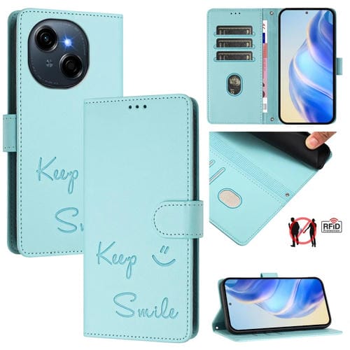 Funda de Cuero Rfid con Relieve Sonriente para Tecno Spark Go 1/Go 2025 (Verde Menta)