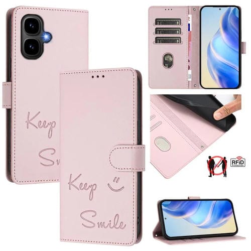Funda de cuero RFID con relieve sonriente para Tecno Pop 10 / Infinix Smart 10 4G (rosa)