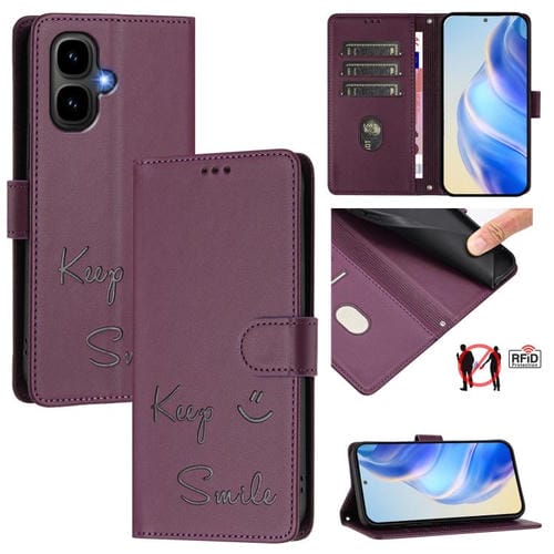 Funda de cuero RFID con relieve sonriente para Tecno Pop 10 / Infinix Smart 10 4G (violeta)