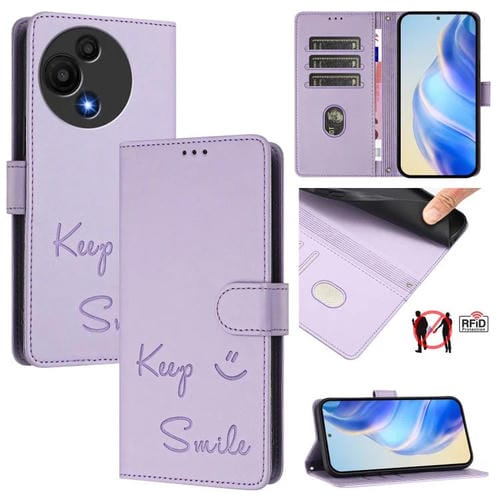 Funda de cuero RFID con relieve sonriente para TCL 605/60 SE (morado claro)