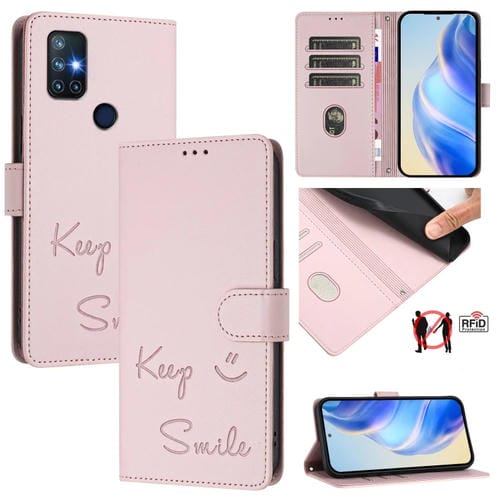 Funda de Cuero Rfid con Relieve Sonriente para OnePlus Nord N10 5G (Rosa)
