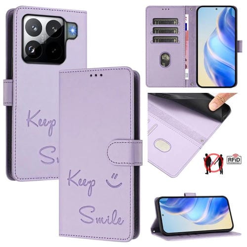 Funda de cuero RFID con relieve sonriente para Xiaomi 15S Pro 5G (morado claro)