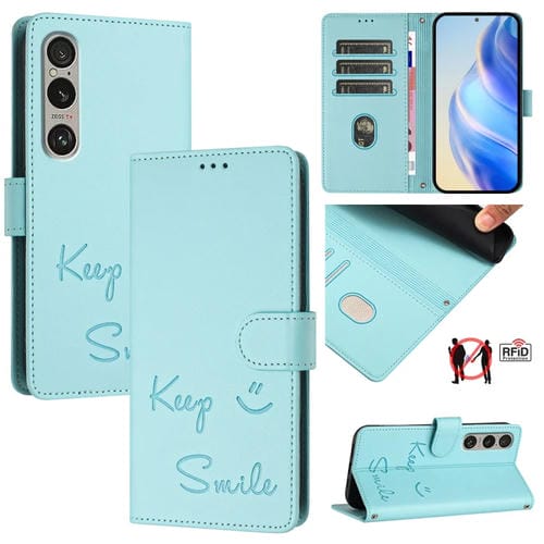 Funda de Cuero Rfid con Relieve Sonriente para Sony Xperia 1 Vi (Verde Menta)