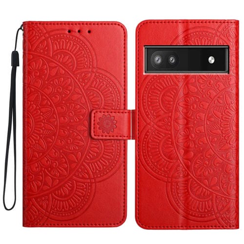 Funda de Cuero con Relieve de Flores para Google Pixel 9A (Rojo)