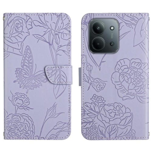 Funda de cuero con tapa y diseño de mariposa en relieve para Redmi 15C 5G (173,1 mm) / Redmi 15C 4G (173,1 mm) (morado)
