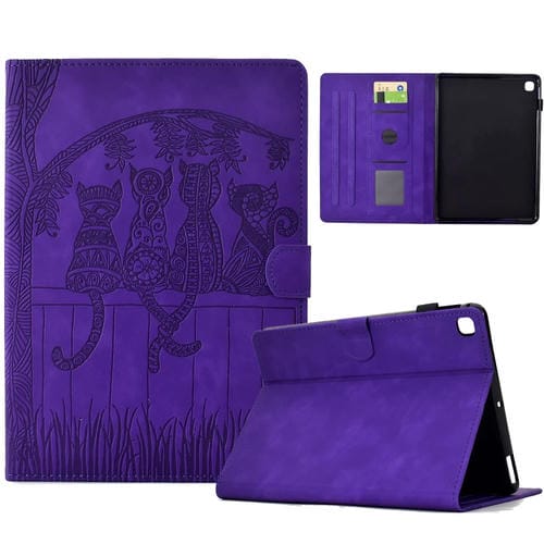 Funda inteligente Cuero Samsung Galaxy Tab A7 2020 T500 con relieve de gatos (Morado)